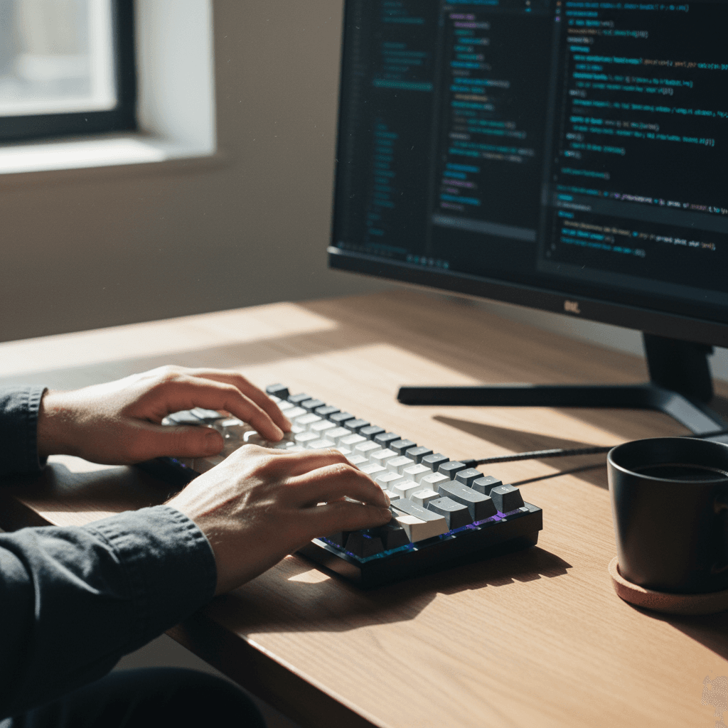 Developer typing on keyboard with facial recognition interface on screen