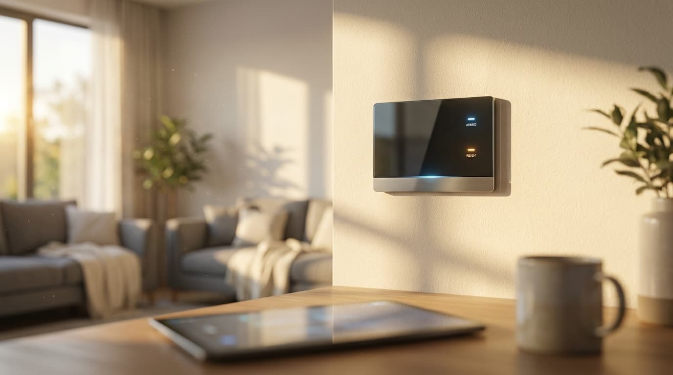 Close-up of a smart intercom camera lens on a doorframe